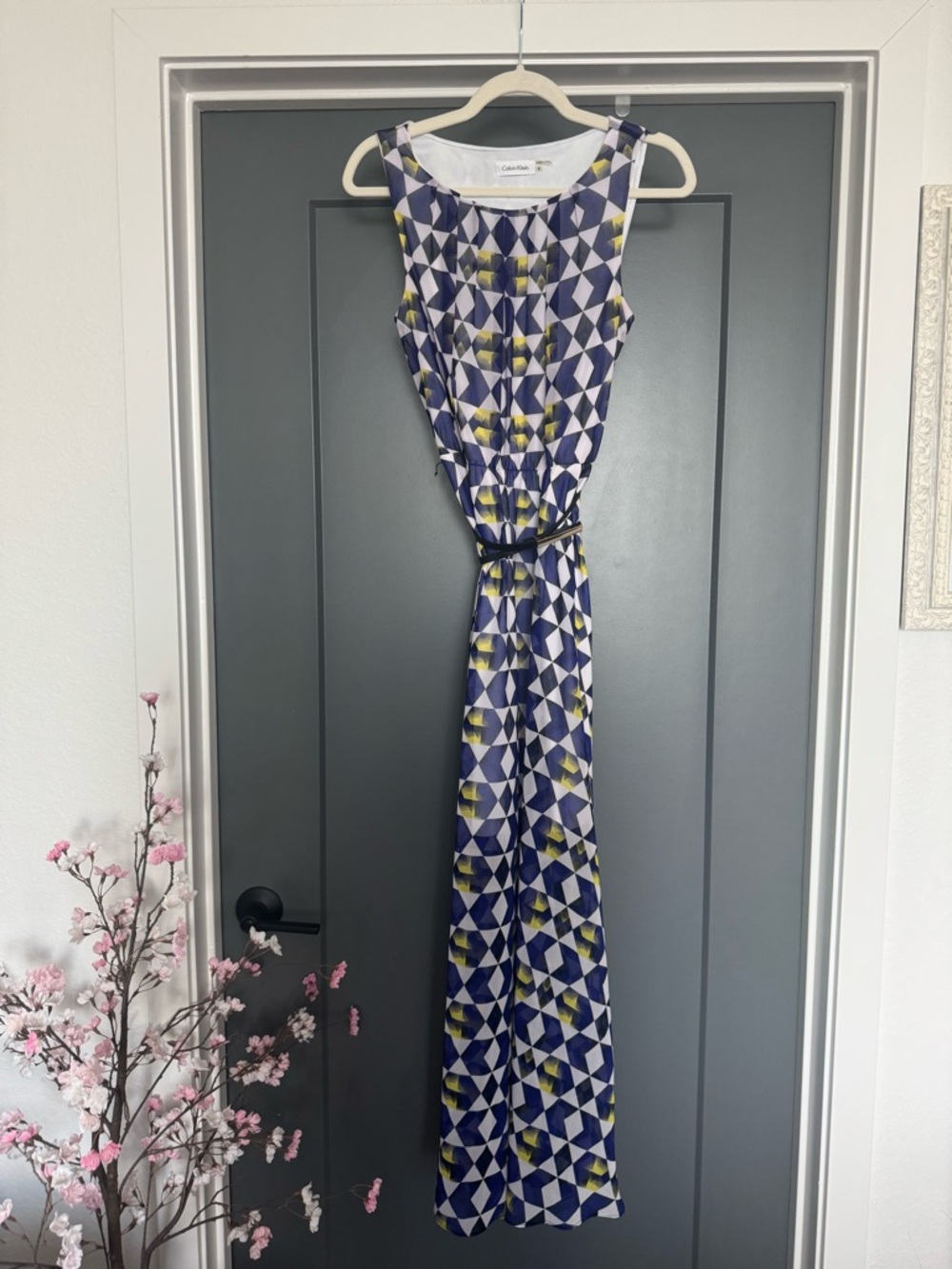 Calvin Klein Navy, White & Yellow Geometric Maxi Dress